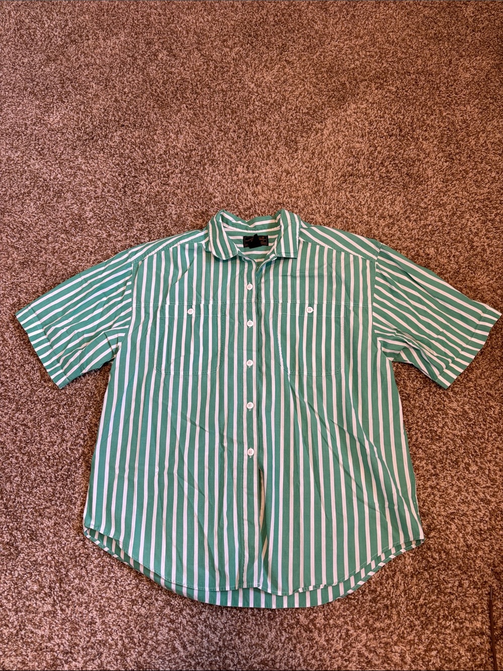 Eddie Bauer || Green and White Striped Cotton Short Sleeve Button Down Size L